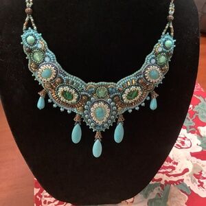 Czech Glass Bead & Stone Handmade Embroidered Collar/Bib Necklace